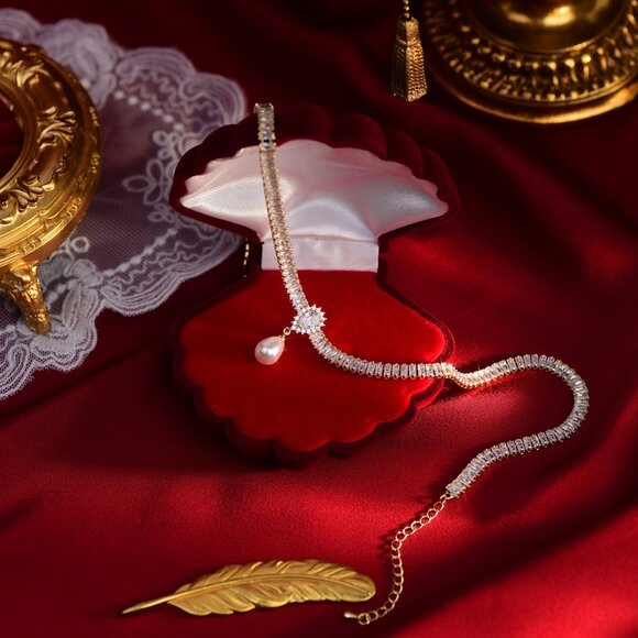 NEW 14K Gold Plated Baguette Diamond Pearl Drop Necklace - Picture 9 of 12